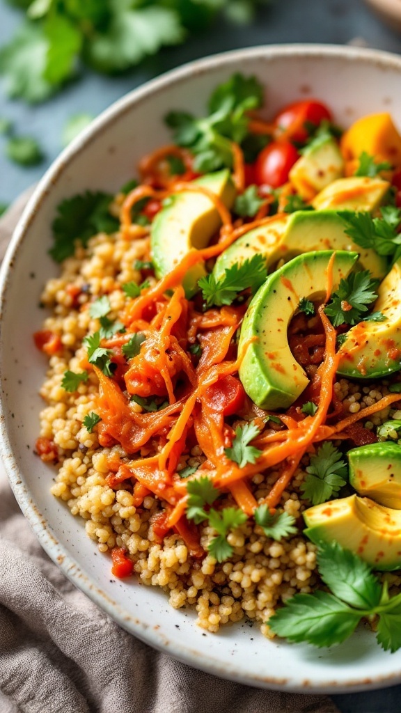 A delicious kimchi quinoa bowl featuring quinoa, kimchi, avocado, and fresh vegetables.