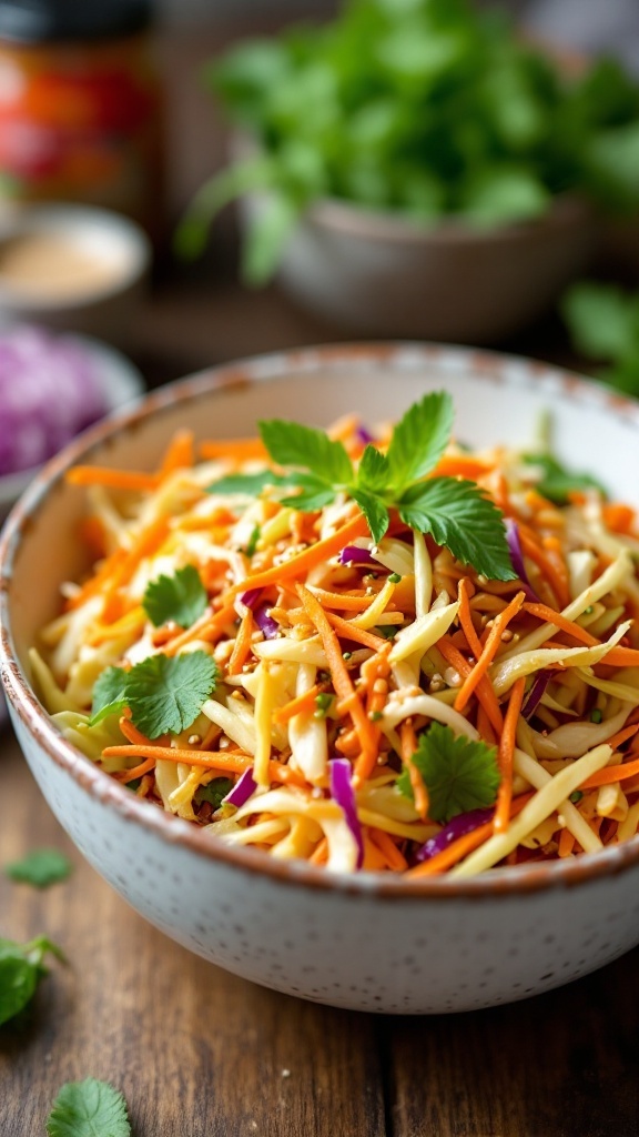 A vibrant bowl of Kimchi Slaw Salad with colorful vegetables and herbs