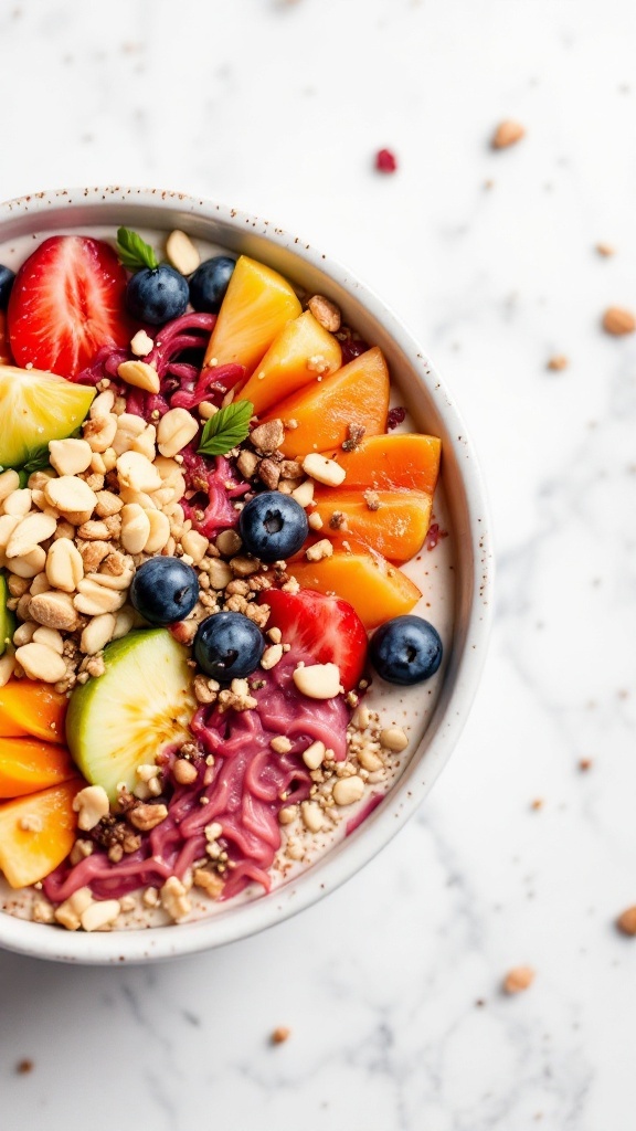 A colorful kimchi smoothie bowl topped with fresh fruits and nuts.