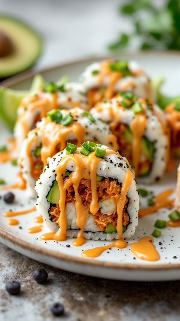 A plate of kimchi sushi rolls drizzled with spicy sauce and garnished with green onions.