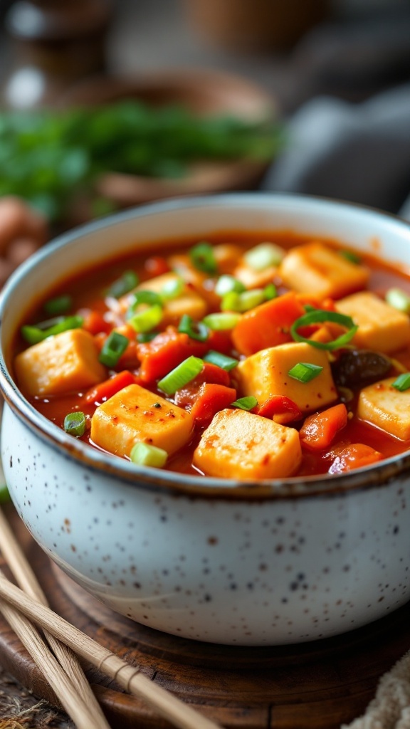 A bowl of kimchi tofu stew with colorful vegetables and tofu cubes.