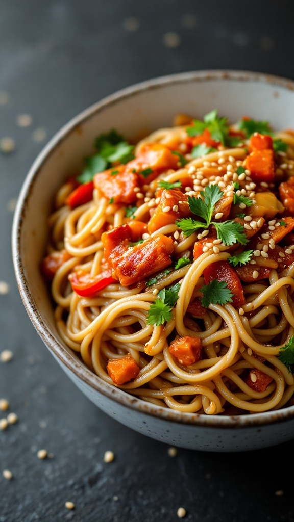 A bowl of Kimchi Udon Noodles with vegetables and sesame seeds