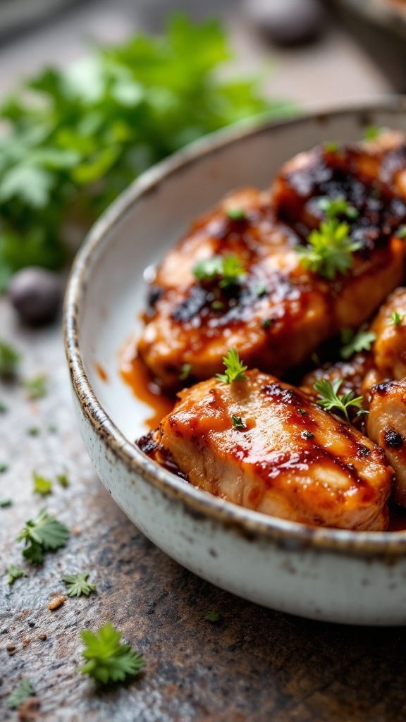 Delicious marinated meat ready for grilling with green herbs sprinkled on top.