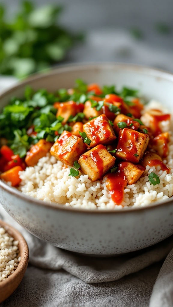 A bowl of Korean Gochujang Tofu Bowls with rice, tofu, and colorful vegetables.