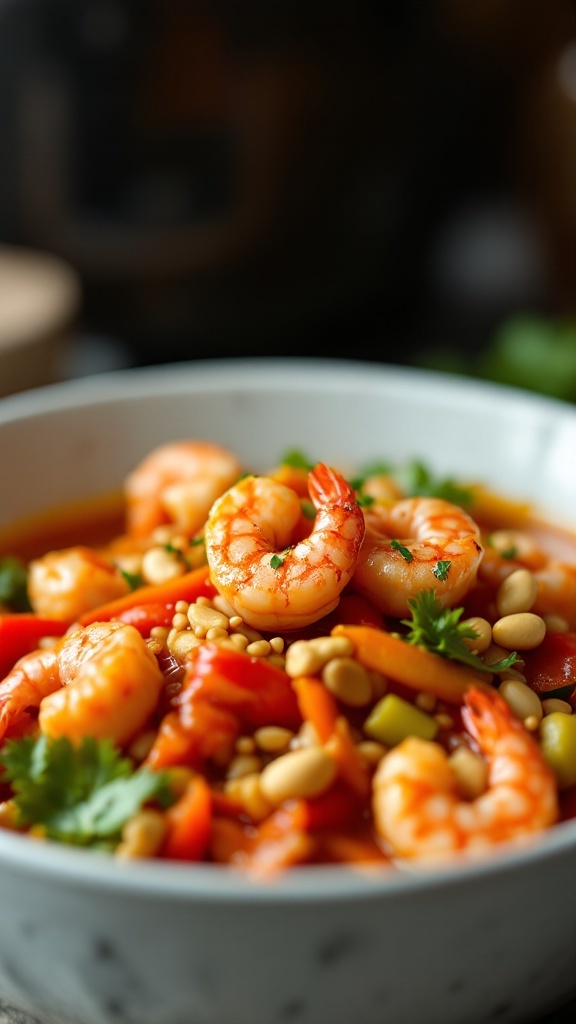 A bowl of Kung Pao Shrimp with shrimp, vegetables, and peanuts