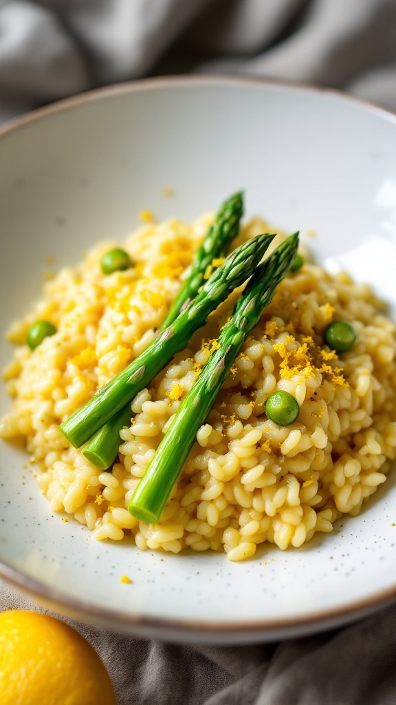 A bowl of creamy lemon asparagus risotto topped with fresh asparagus and peas.