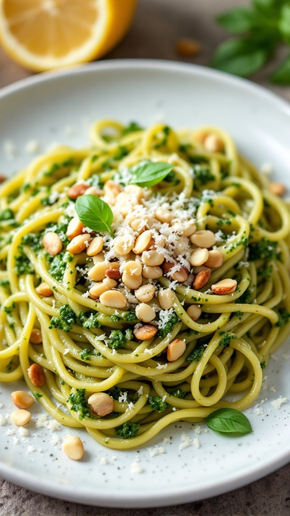 A plate of lemon basil pesto pasta with pine nuts and fresh basil.