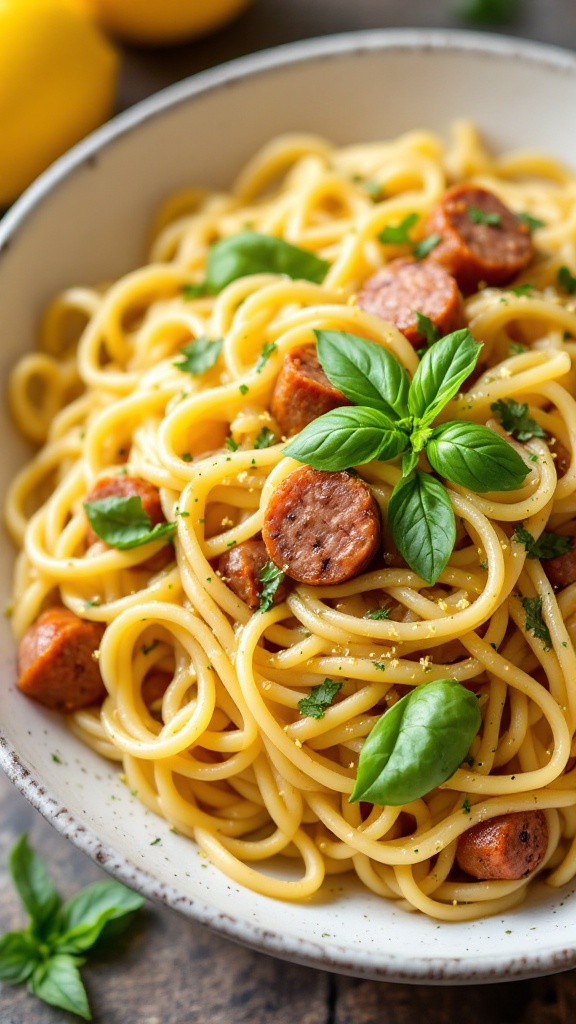 A bowl of linguine pasta with sausage, garnished with basil and lemon
