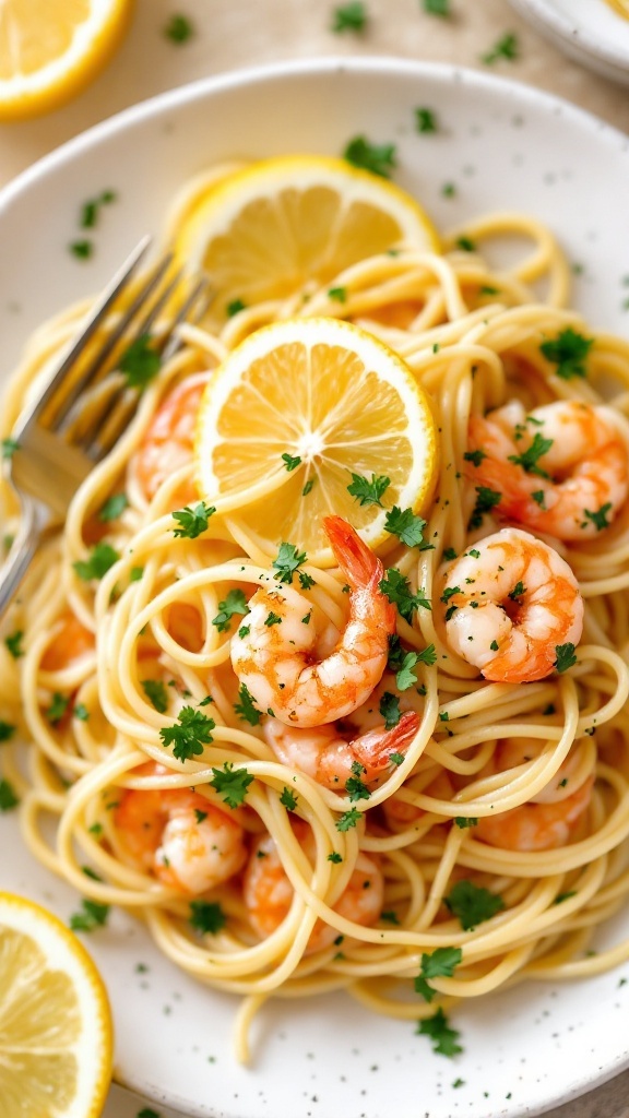 A plate of lemon butter shrimp pasta garnished with lemon slices and parsley