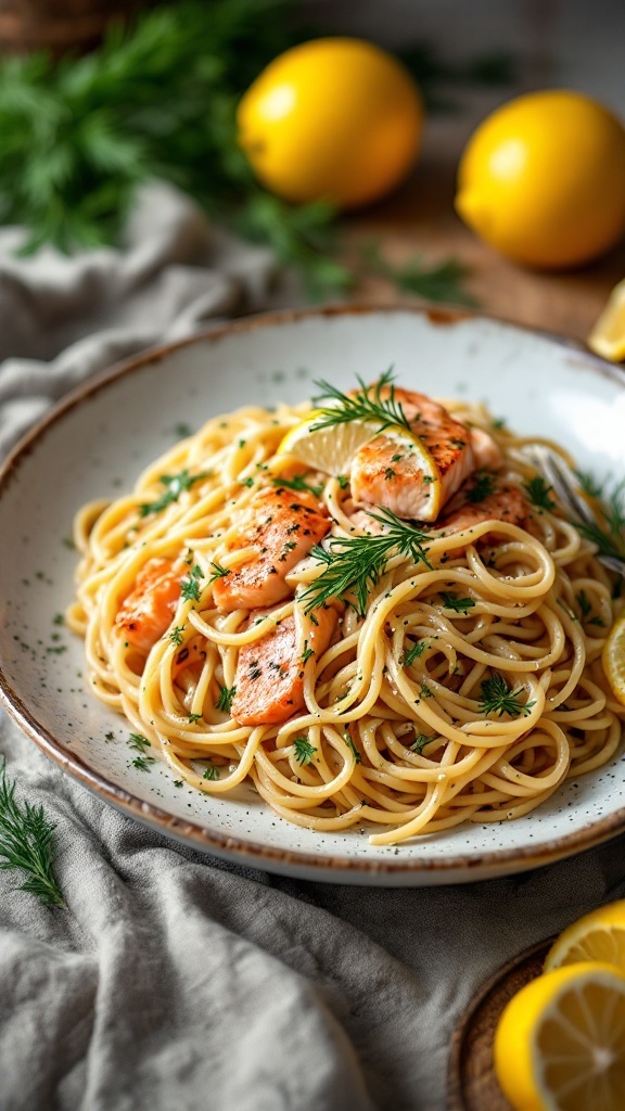 A plate of lemon dill salmon spaghetti topped with herbs and lemon slices.