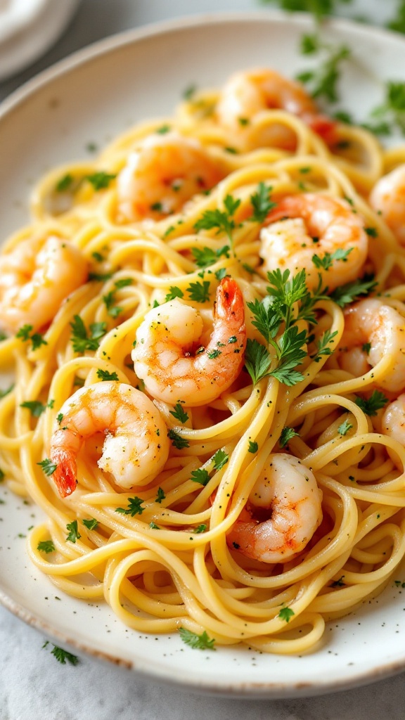 Delicious Lemon Garlic Shrimp Pasta with fresh herbs and lemon garnishes