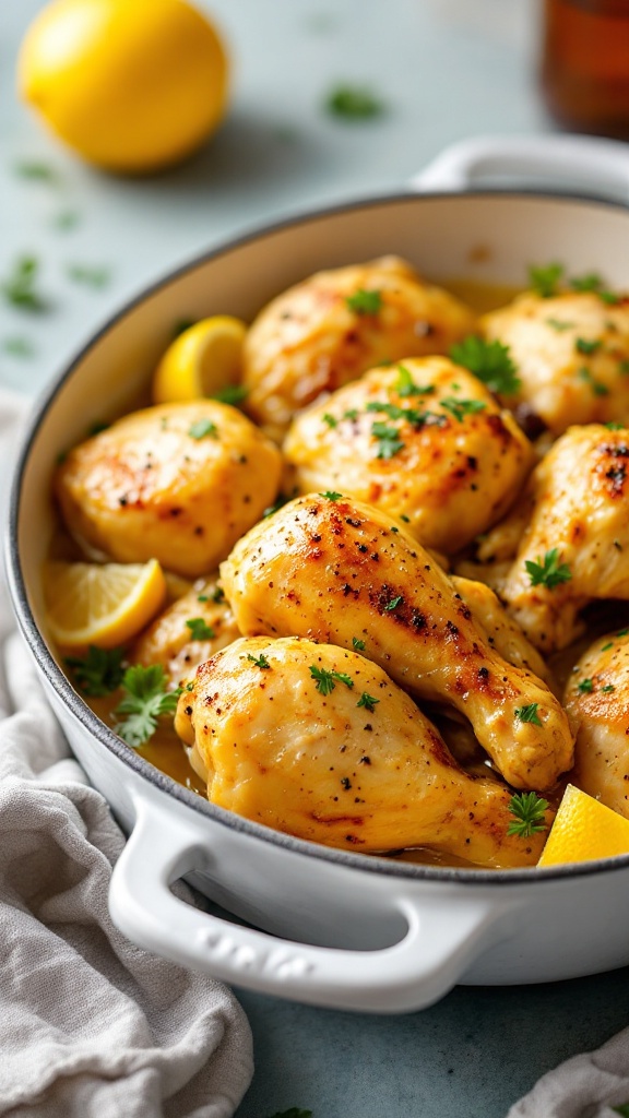 Lemon Ginger Chicken in a crockpot with lemon slices and parsley