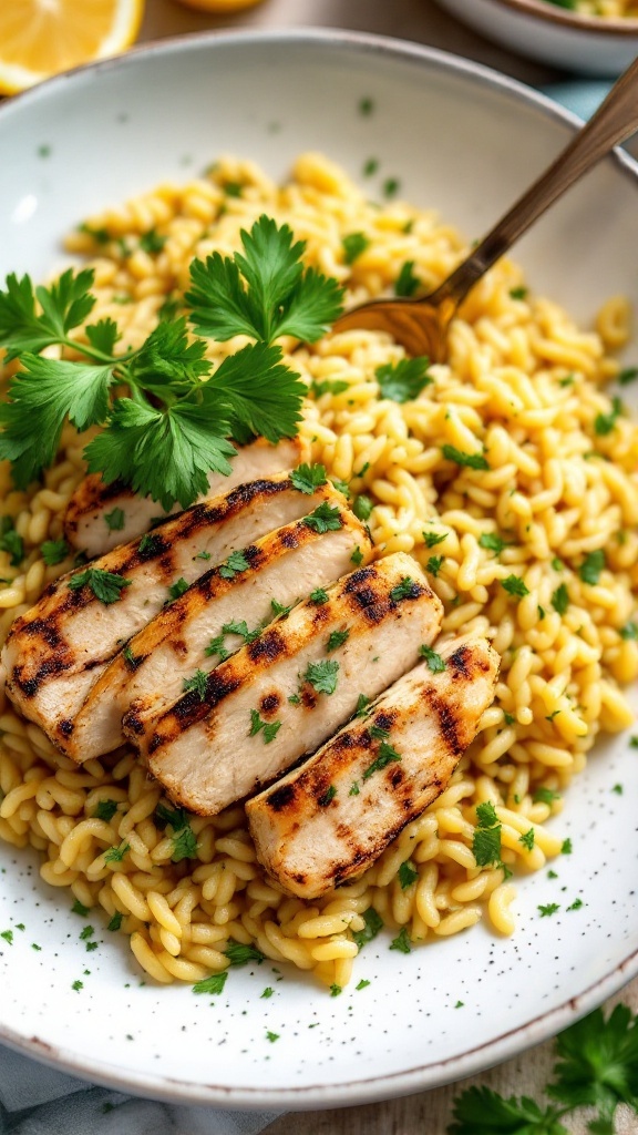 A delicious bowl of Lemon Herb Orzo with Grilled Chicken, garnished with fresh parsley.