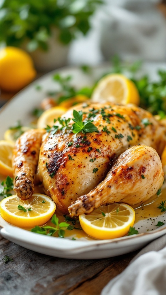 A beautifully roasted lemon herb chicken served with lemon slices and fresh herbs.