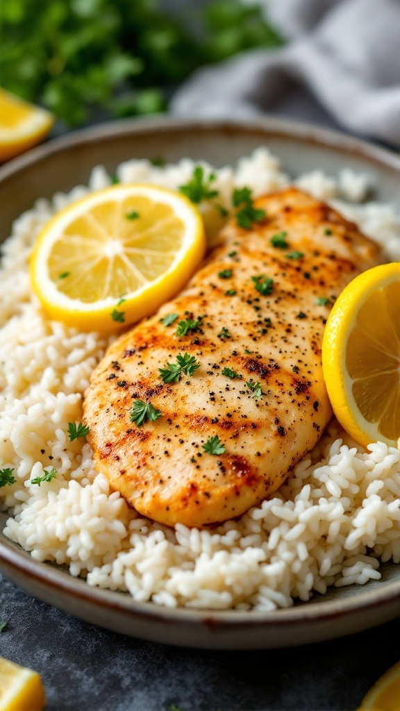 Lemon Pepper Chicken with Rice served on a plate