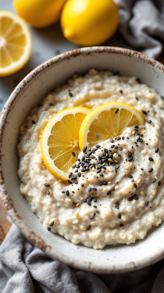 A bowl of lemon poppy seed overnight oats topped with lemon slices.