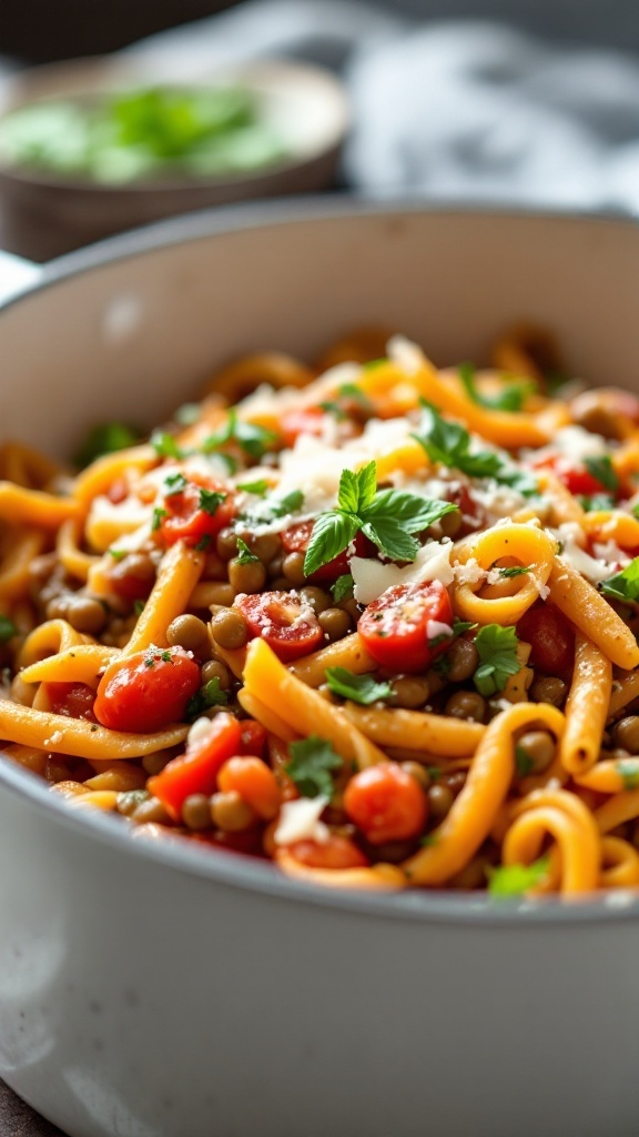 A bowl of lentil and tomato pasta with vibrant colors and textures.