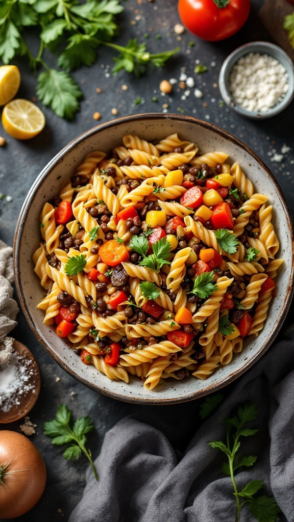 A colorful bowl of lentil and vegetable pasta with various fresh ingredients.