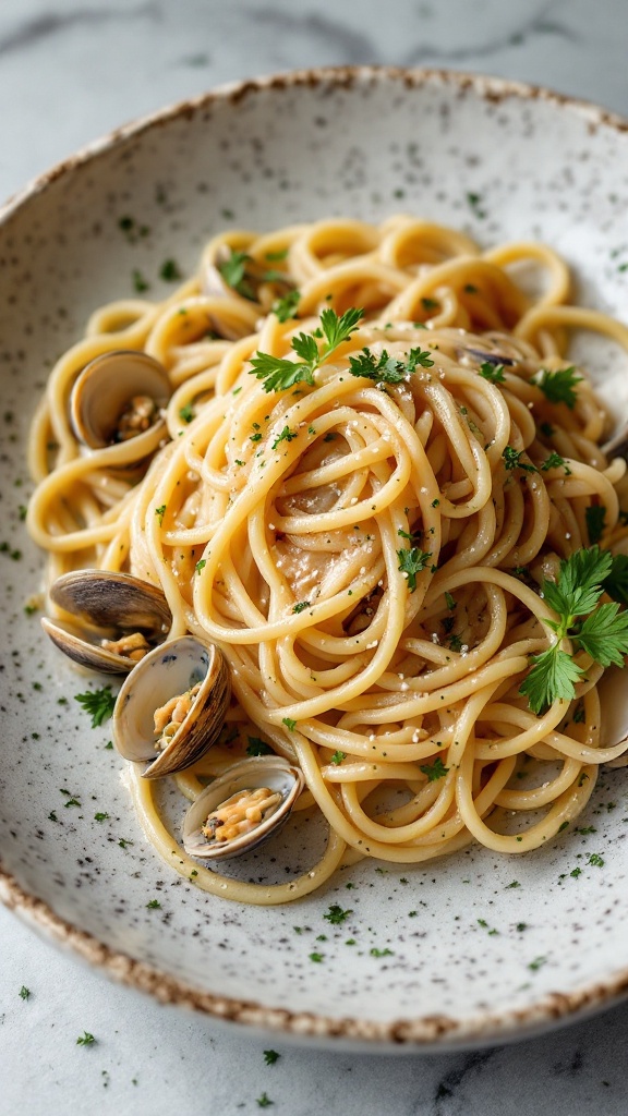 A plate of linguine with clams and parsley garnished with lemon.