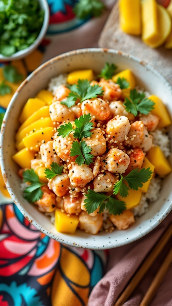 A vibrant mango and crab sushi bowl with garnishes