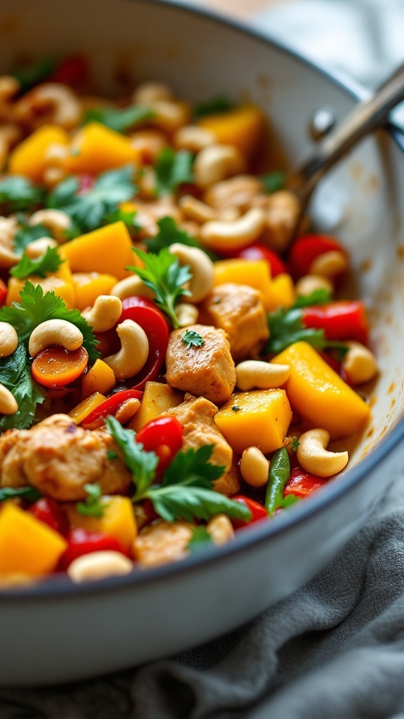 A colorful mango chicken stir fry with cashews and vegetables