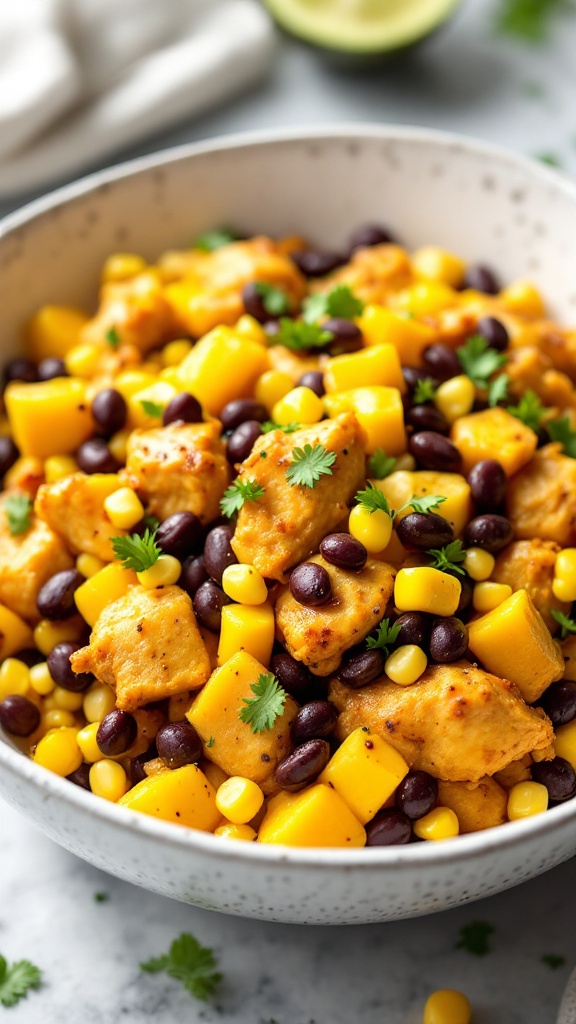 A colorful bowl of Mango Chicken with Black Beans topped with cilantro.