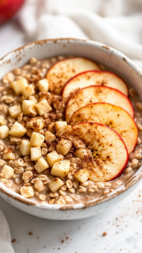 A bowl of maple cinnamon apple oats topped with apple slices and sprinkled with cinnamon.