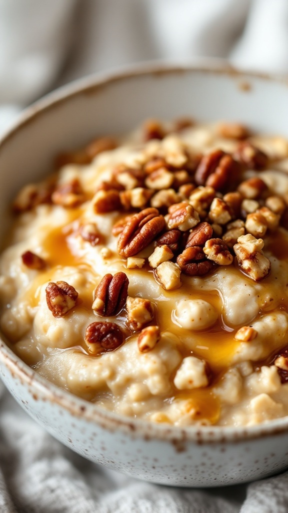 Bowl of Maple Pecan Cottage Cheese Overnight Oats topped with pecans and maple syrup