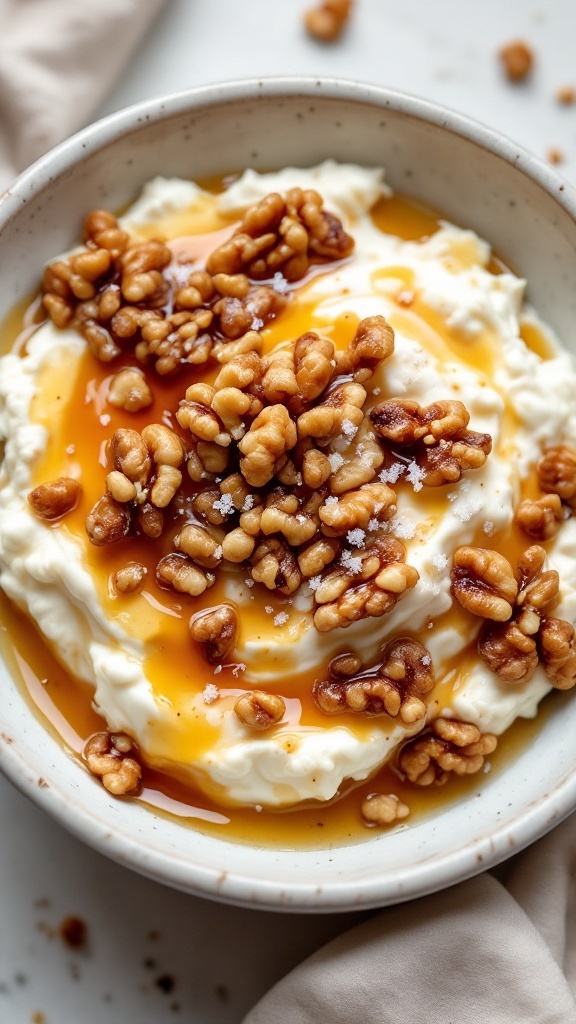 A bowl of cottage cheese topped with walnuts and maple syrup