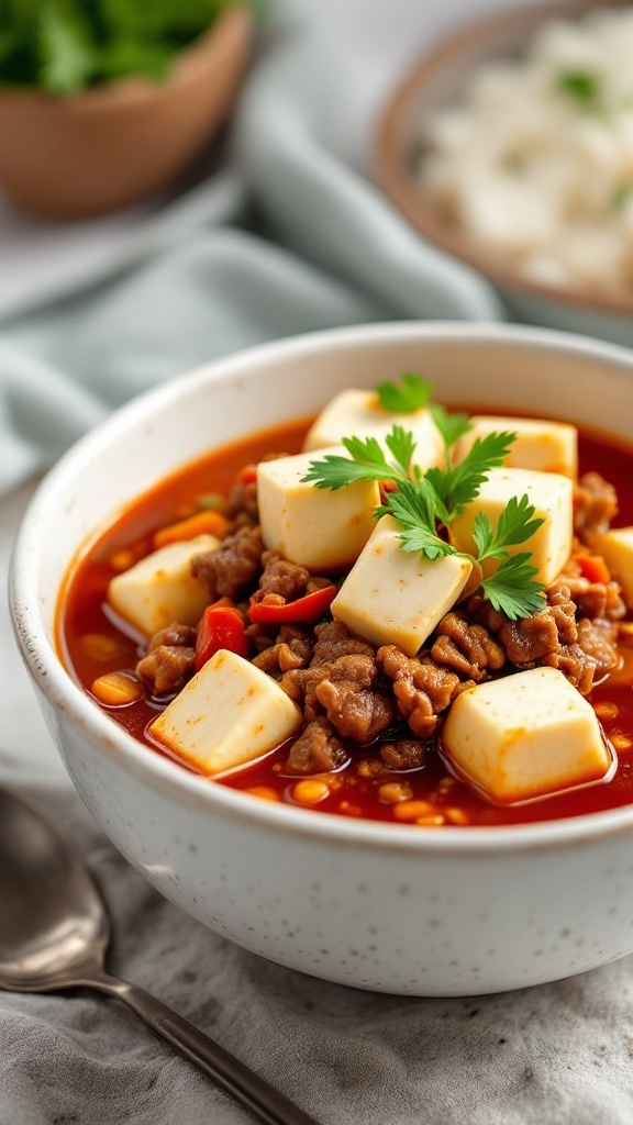 A bowl of Mapo Tofu with ground meat, silken tofu, and spices.