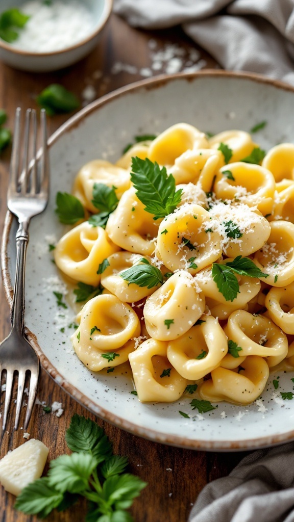 A delicious serving of tortellini with creamy sauce and fresh herbs
