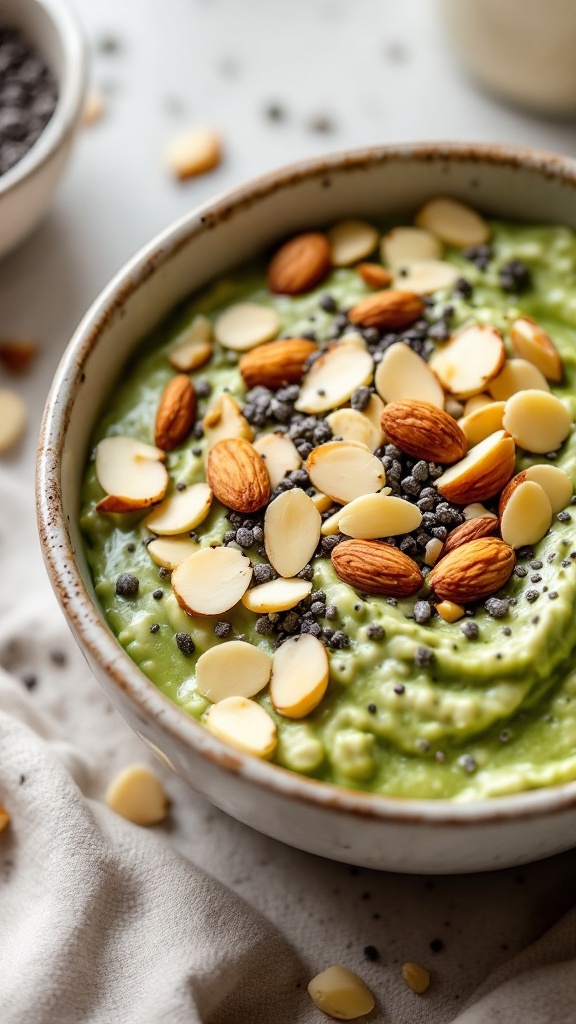 A bowl of matcha green tea cottage cheese oats topped with almonds and chia seeds
