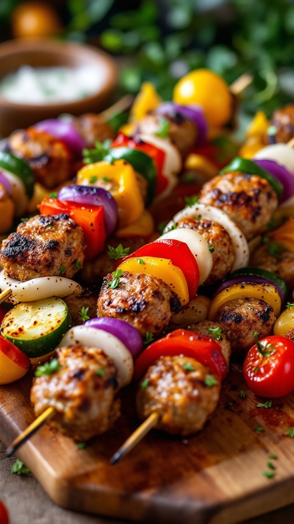 Delicious meatball and vegetable skewers ready to be enjoyed.