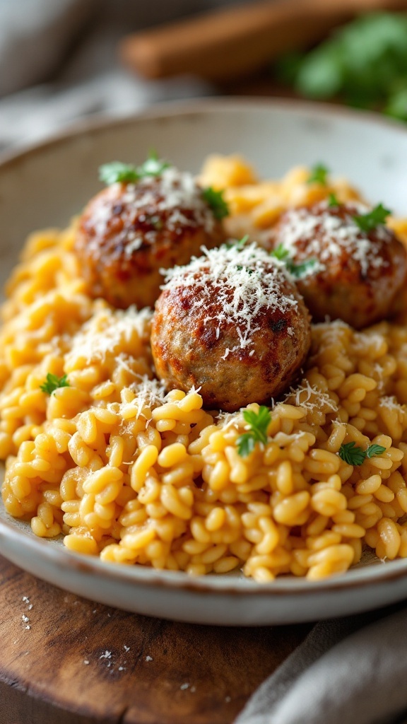 A comforting bowl of risotto topped with meatballs and Parmesan cheese.