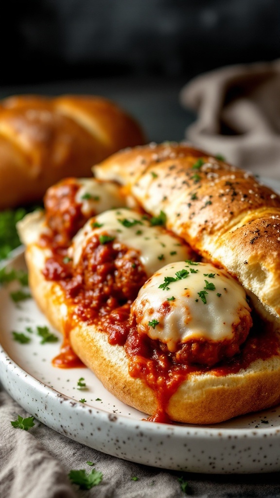 Delicious meatball sub sandwiches with marinara and melted cheese