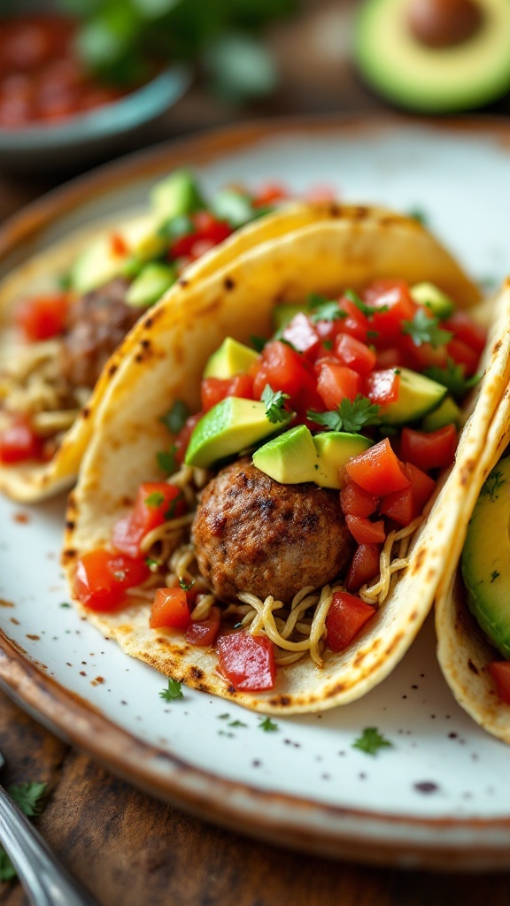 Delicious meatball tacos topped with fresh salsa and avocado