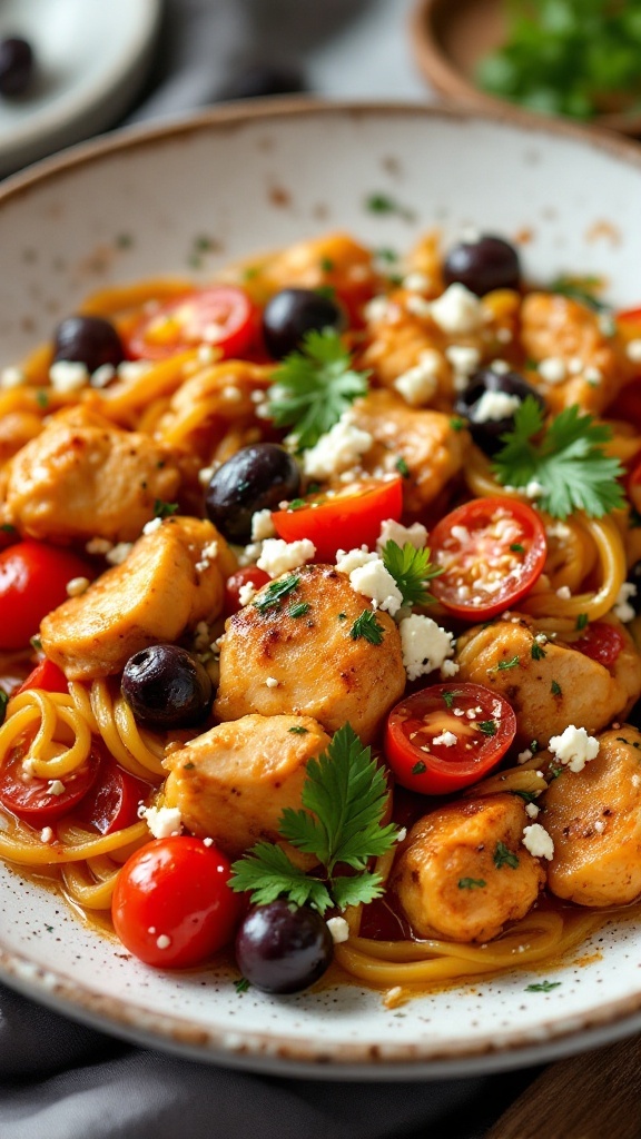 Mediterranean chicken stir fry with pasta, tomatoes, and olives