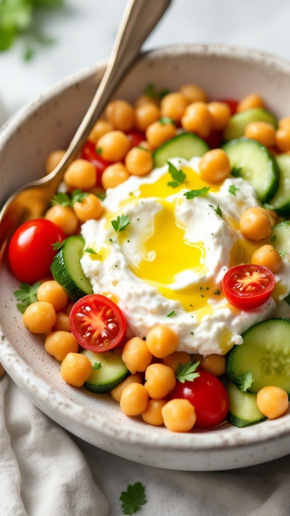 A Mediterranean Chickpea and Cucumber Breakfast Bowl featuring cottage cheese, cherry tomatoes, cucumber, and chickpeas.