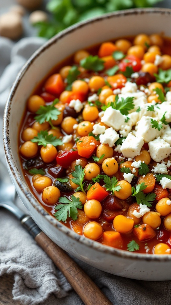 A bowl of Mediterranean Chickpea Chili topped with feta cheese and parsley.