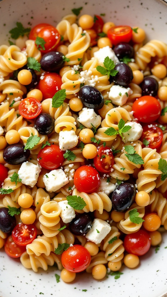 A colorful plate of Mediterranean chickpea pasta with cherry tomatoes, olives, and fresh basil.