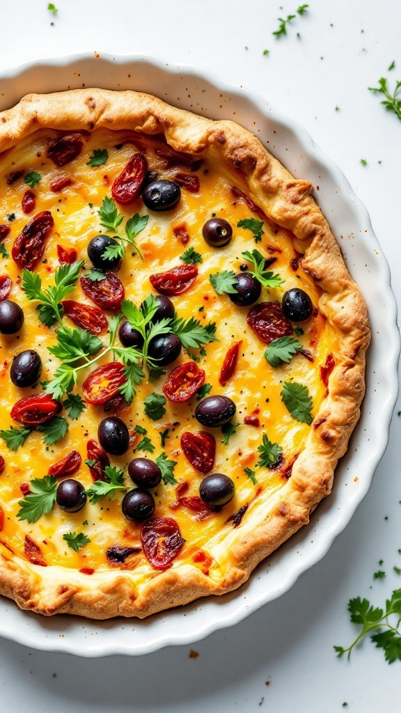 A delicious Mediterranean cottage cheese quiche with olives and sun-dried tomatoes