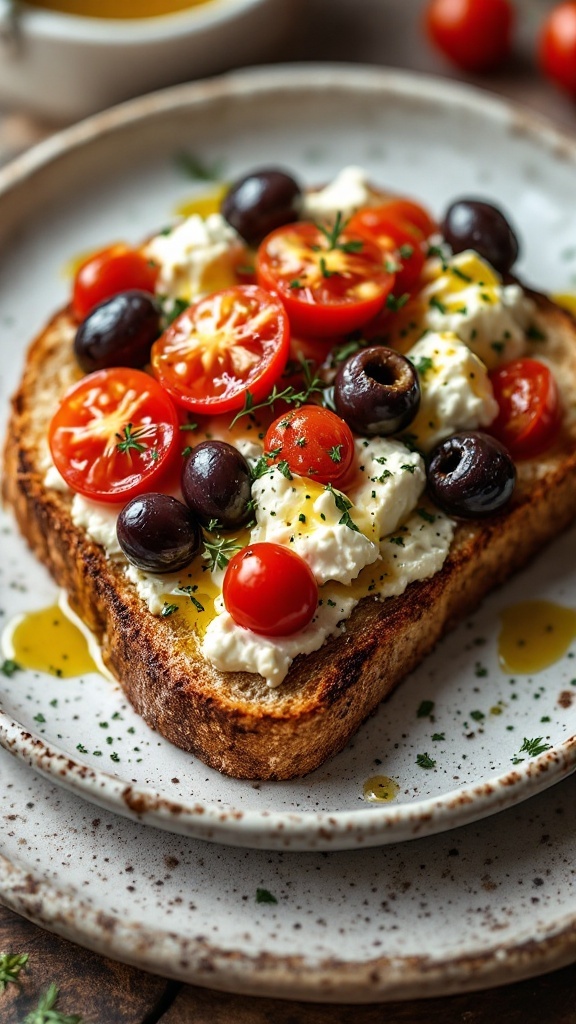 Mediterranean Cottage Cheese Toast with Olives on a plate