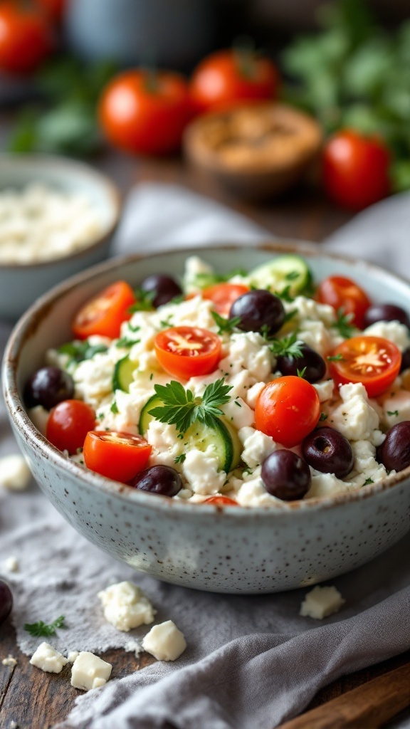 A Mediterranean inspired cottage cheese bowl with cherry tomatoes, cucumber, black olives, and feta cheese.