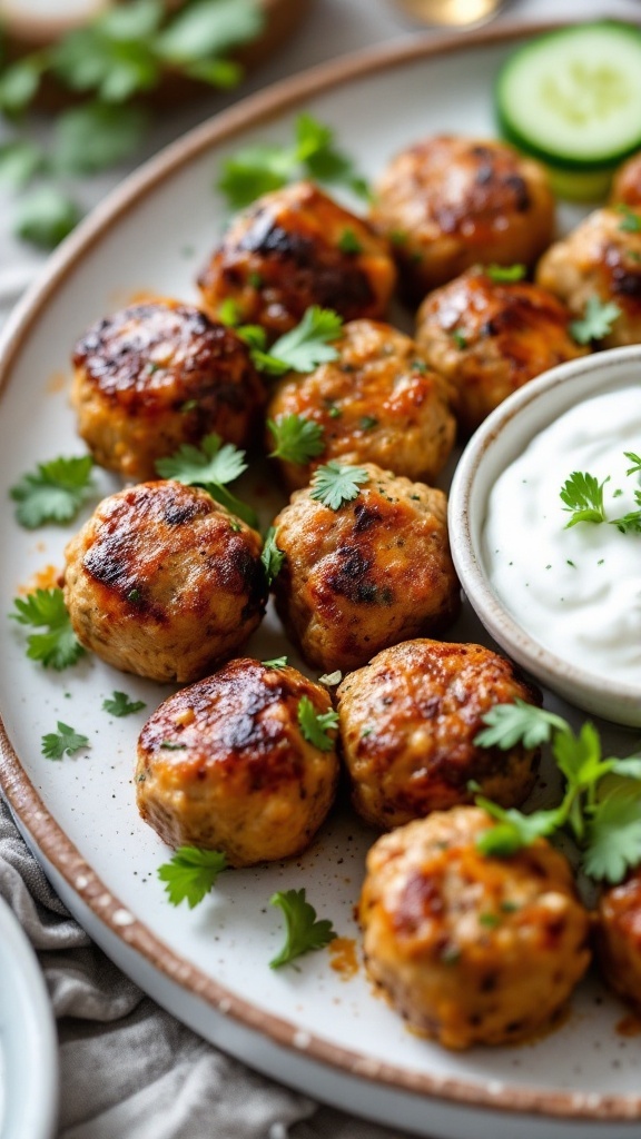 Plate of Mediterranean meatballs with tzatziki sauce and garnished with herbs