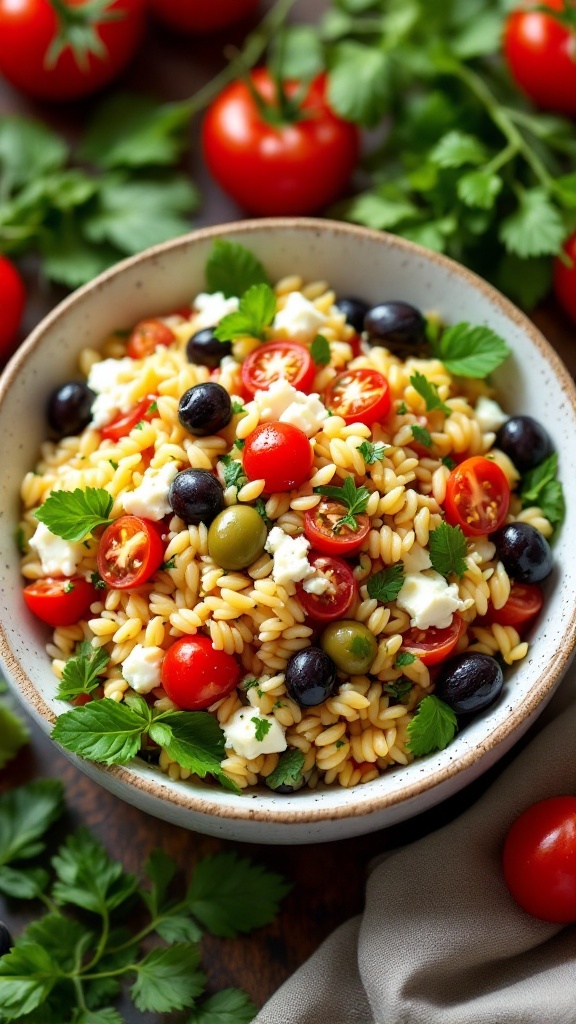 A bowl of Mediterranean Orzo Salad with cherry tomatoes, olives, and feta cheese.