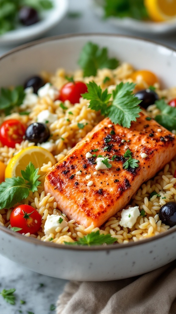 A bowl of Mediterranean Salmon Orzo with grilled salmon, cherry tomatoes, olives, and herbs.