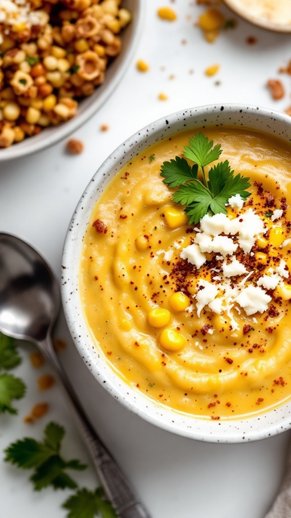 Bowl of creamy Mexican street corn chowder topped with corn, cilantro, and cheese.