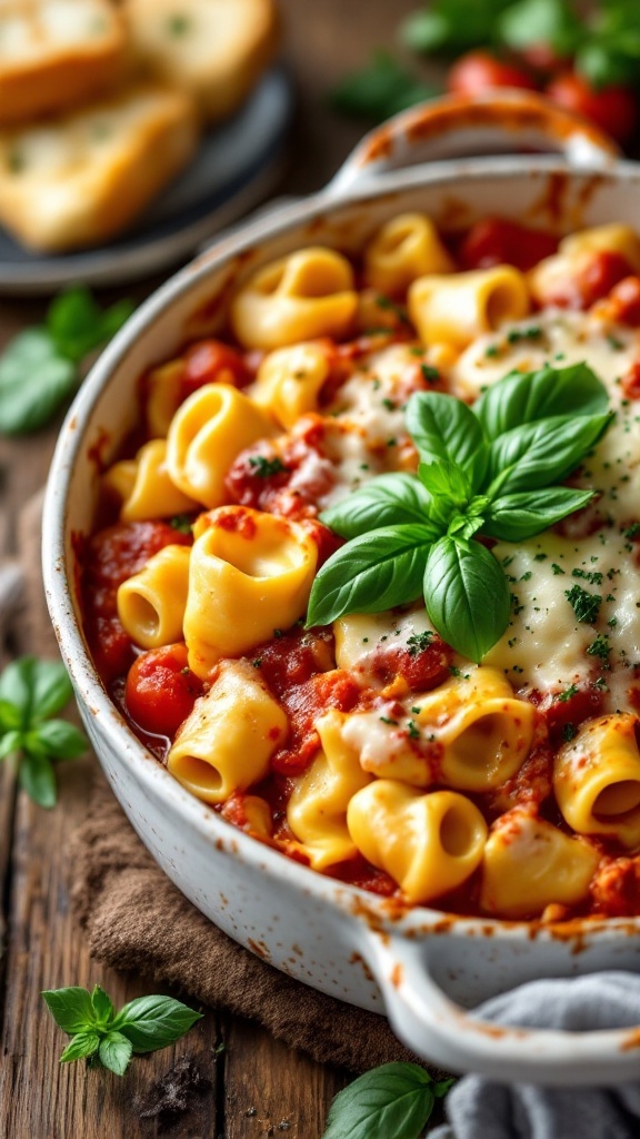 Baked tortellini casserole topped with mozzarella and basil