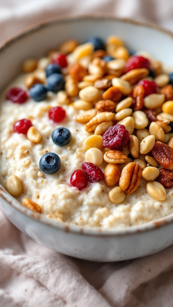 A bowl of cottage cheese overnight oats topped with mixed nuts and dried fruit