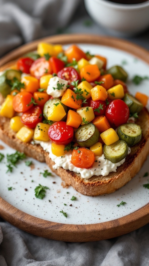Delicious mixed vegetable cottage cheese toast topped with colorful vegetables on a wooden plate.